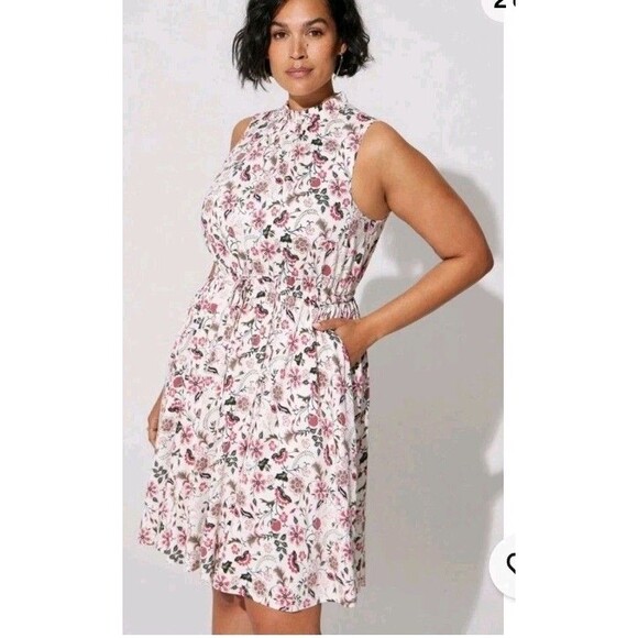 Torrid Midi Dress 3 3X Sleeveless Waist Tie Elastic Neck Pink White Floral - Picture 2 of 11